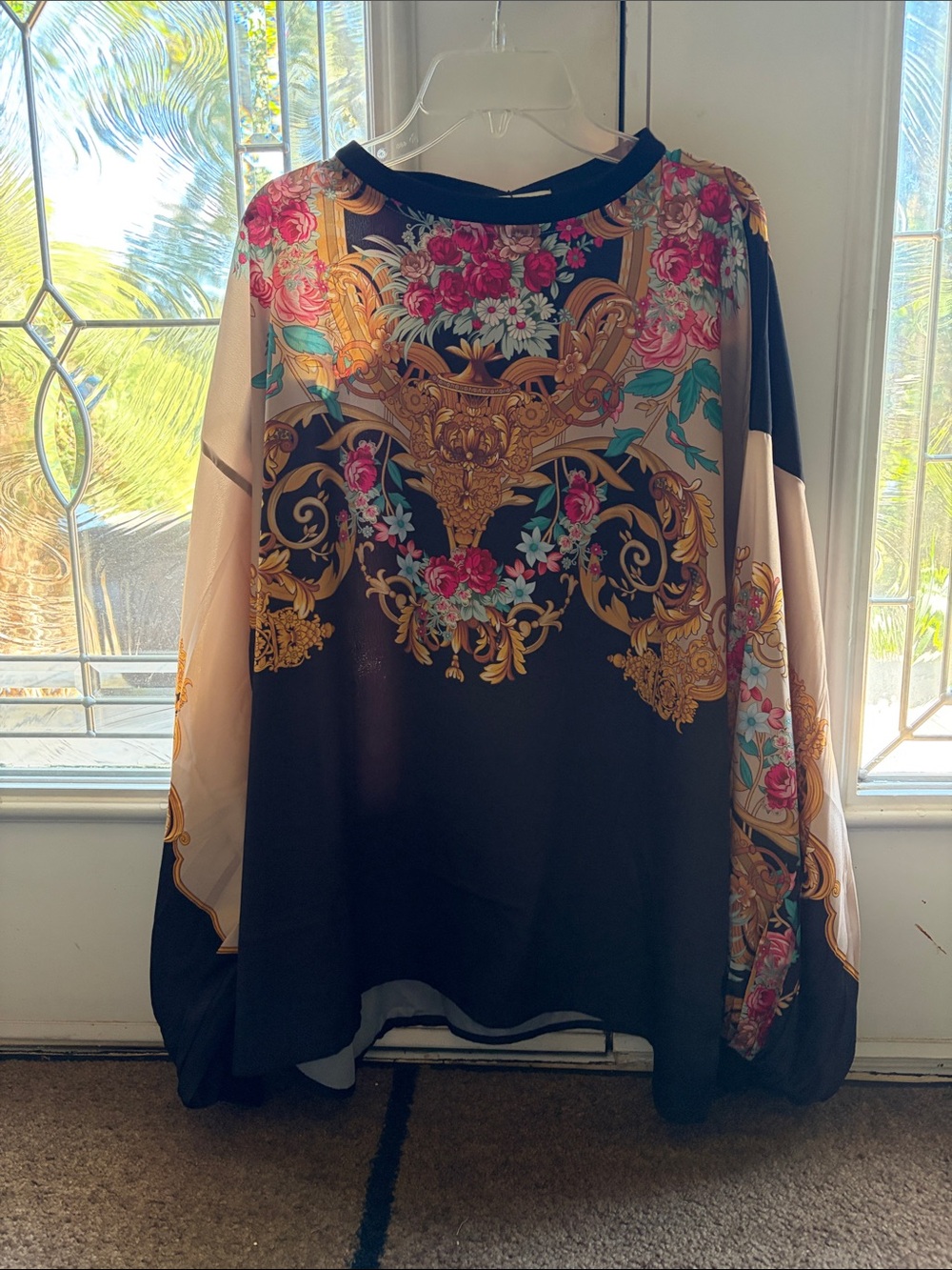 Baroque Floral Silk-Feel Blouse - Black & Pink